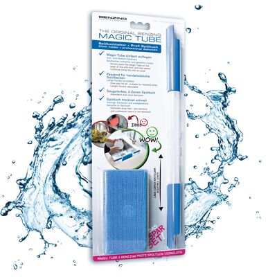 Benzing Water Technology Soporte para paños de cocina para todos los fregaderos Juego de ahorro Magic Tube con paño de microfibra, plástico, azul