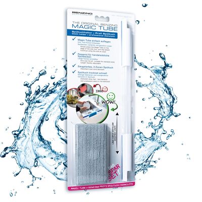Benzing Water Technology Soporte para paños de cocina para todos los fregaderos Juego de ahorro Magic Tube con paño de microfibra, plástico, blanco