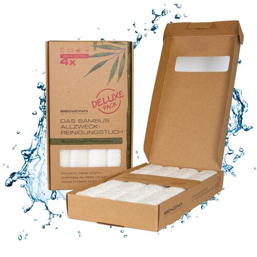 Benzing Water Technology 4x Bambus Allzweck-Reiningungstuch, Geschenk-Box, Spültuch, nachhaltig, umweltfreundlich, langlebig 28x28cm