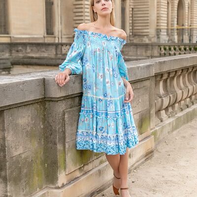Bohemian print tunic dress with off the shoulders