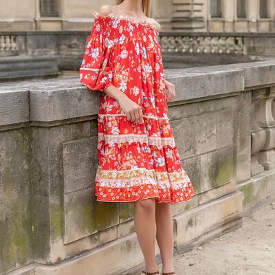 Vestido túnica con estampado bohemio y hombros descubiertos