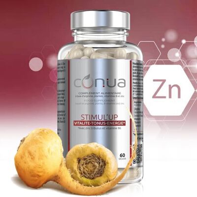 Stimul'up ® MACA + Arginin, Tribulus, Zink plus Vitamin B1 B2 B6 Stimul Sport | VITALITÄT | TÖNE | ENERGIE | Testosteron* Vegan ohne Zusatz Conua Französische Qualität