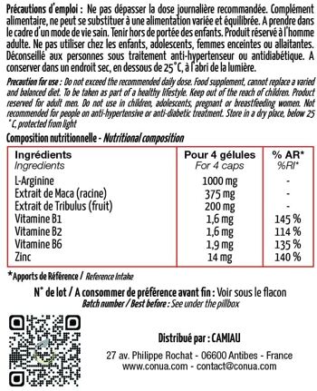 Stimul'up ® MACA + Arginine, Tribulus, Zinc plus Vitamine B1 B2 B6 Stimul Sport | VITALITÉ | TONUS | ÉNERGIE | Testostérone* Végan sans additif Conua qualité Française 7