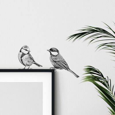 Great tit and blue tit wall sticker set - illustration birds - wall art