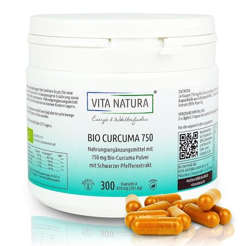 Curcuma Bio 750 mg Vegikapseln 300 Stk. Natürliches Kurkumapulver (Gelbwurz) und schwarzem Pfefferextrakt Piperin