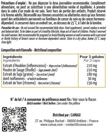 Complexe Phytohormones progestérone et oestrogènes Soja Yam 120 GELULES VEGETALE Houblon cône Sauge ménopause sereine bouffée de chaleur SANS OGM ADDITIFS VEGAN 7