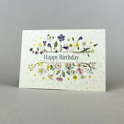 Postcard grass paper Happy Birthday (flowers)