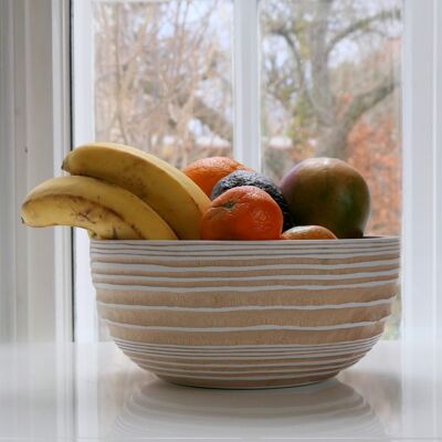 Wooden bowl, fruit bowl, salad bowl, model Tribal in white-nature, L (Øxh) 25cm x 10.5cm