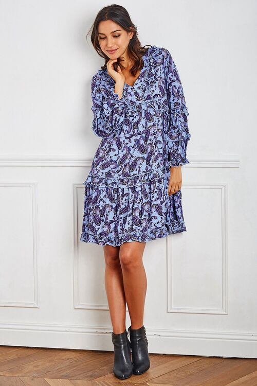 Robe tunique bleue évasée mi-longue à imprimé cachemire avec LUREX