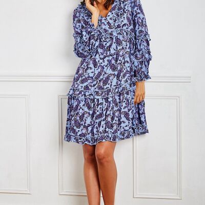 Mid-length blue flared tunic dress in paisley print with LUREX