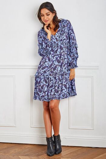 Robe tunique bleue évasée mi-longue à imprimé cachemire avec LUREX 1