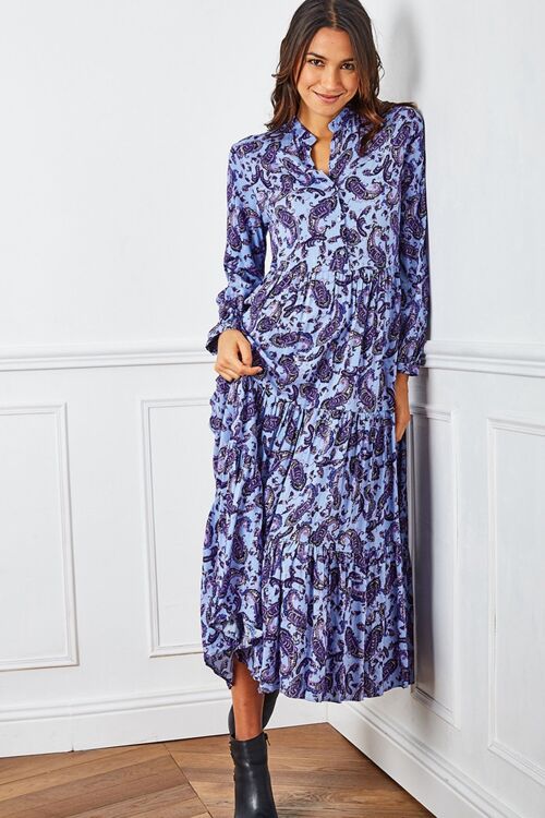 Longue robe chemise tunique bleue à imprimé cachemire avec LUREX