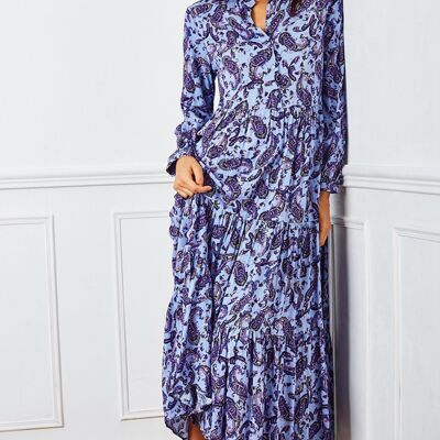 Long blue tunic shirt dress in cashmere print with LUREX