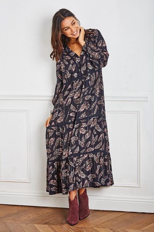 Long navy blue floral print maxi dress with LUREX and buttoned lace on the front