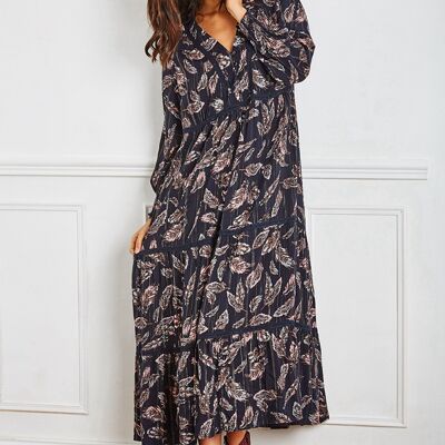 Long navy blue floral print maxi dress with LUREX and buttoned lace on the front