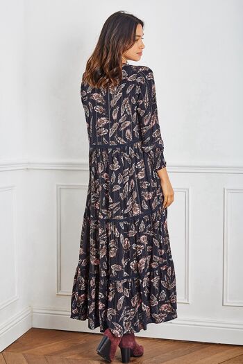 Long navy blue floral print maxi dress with LUREX and buttoned lace on the front 3