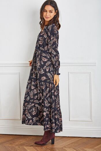Long navy blue floral print maxi dress with LUREX and buttoned lace on the front 4