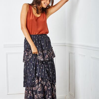 Navy blue ruffled skirt printed with LUREX and cord decorated with bells
