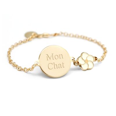 Chain bracelet with gold-plated lacquered flower medallion for children - MON CHAT engraving