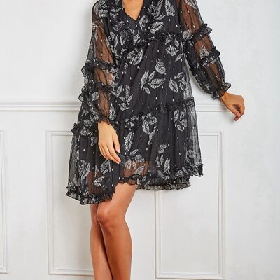 Ruffled black dress, bohemian and vaporous with floral print