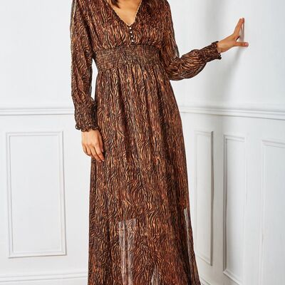 Long bronze dress in zebra print with LUREX and embroidered pearls on the sleeves