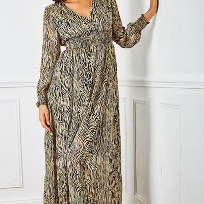 Long beige zebra print dress with LUREX and embroidered pearls on the sleeves