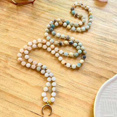 Smooth Natural Pink Aventurine Amazonite and Moonstone Crescent Moon Mala 6mm