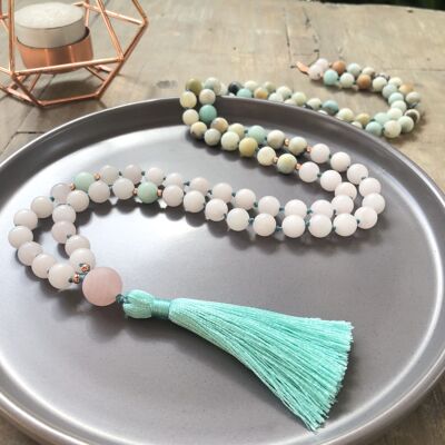 Collier Mala 108 Perles Quartz Rose Mat et Amazonite - Coton