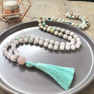 Mala-Halskette aus mattem Rosenquarz und Amazonit mit 108 Perlen - Baumwolle