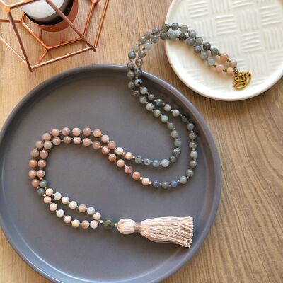 108 Bead Moonstone Mala with Sunstone and Natural Labradorite Smooth Polished 6mm