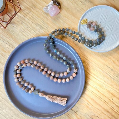 108 Bead Moonstone Mala with Sunstone and Natural Labradorite Smooth Polished 8mm