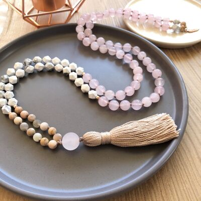 Faceted Howlite, Moonstone and Rose Quartz Mala