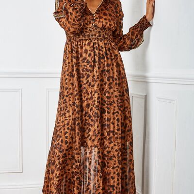 Long bronze cheetah print dress with LUREX and embroidered beads on the sleeves