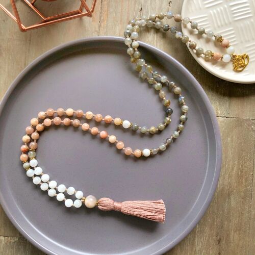 White Moonstone, Sunstone, Labradorite 6mm Mala