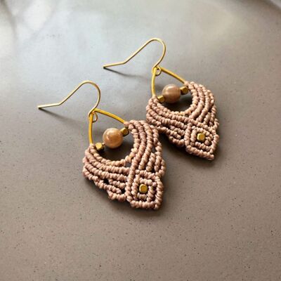 Sand Teardrop Macrame Earrings with Sunstone Centerpiece