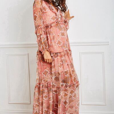 Long pink dress, bohemian ruffle with vaporous floral print