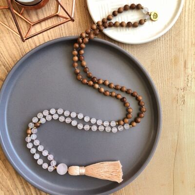 Mala aus mattem Rosenquarz und Sandelholz, 6 mm, 108 Perlen