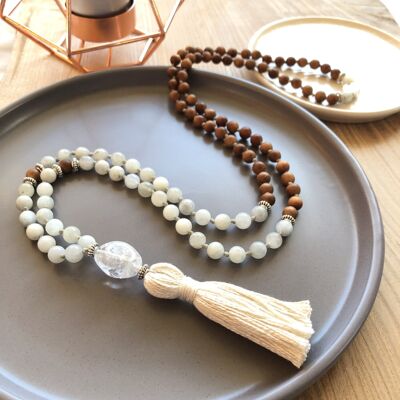 White Moonstone and Sandalwood 6mm Mala