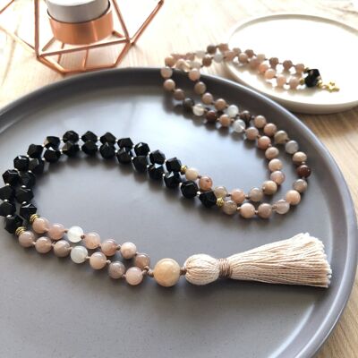 Mala 108 perles facettes en onyx noir et pierre de soleil