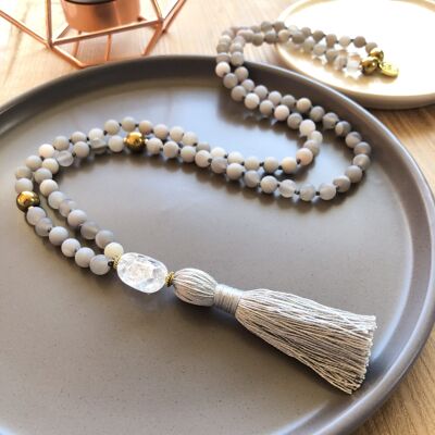 6mm 108 Bead Banded Agate Mala with Quartz Guru