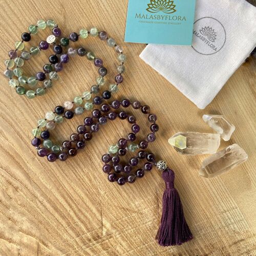 8mm 108 Bead Amethyst Mala with Fluorite