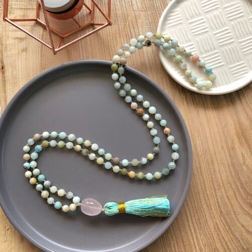 108 6mm Matte Amazonite Mala Beads with Rose Quartz Guru bead