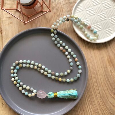 108 6 mm matte Amazonit-Mala-Perlen mit Rosenquarz-Guru-Perle