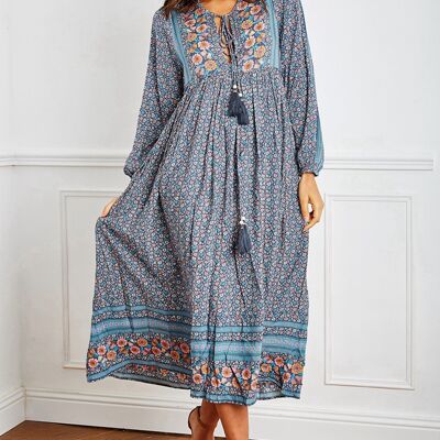 Long blue jeans dress in bohemian print with pompoms
