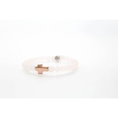 Kreuzarmband aus mattem Rosenquarz in Roségold, 6 mm