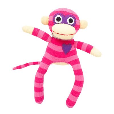 Peluche chaussette singe mini rayures rose / rose