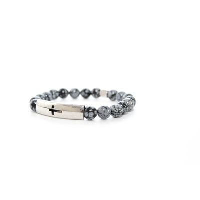 Bracelet Croix Tube Obsidienne Flocon de Neige 8mm