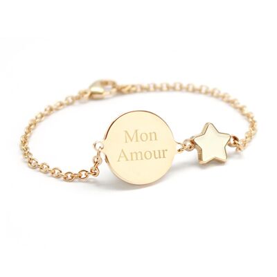 Pulsera de cadena con medallón de estrella lacada bañada en oro para niño - grabado MON AMOUR