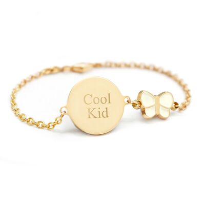 Chain bracelet with gold-plated lacquered butterfly medallion for children - COOL KID engraving