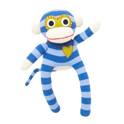 Peluche chaussette singe mini rayures bleu / bleu clair